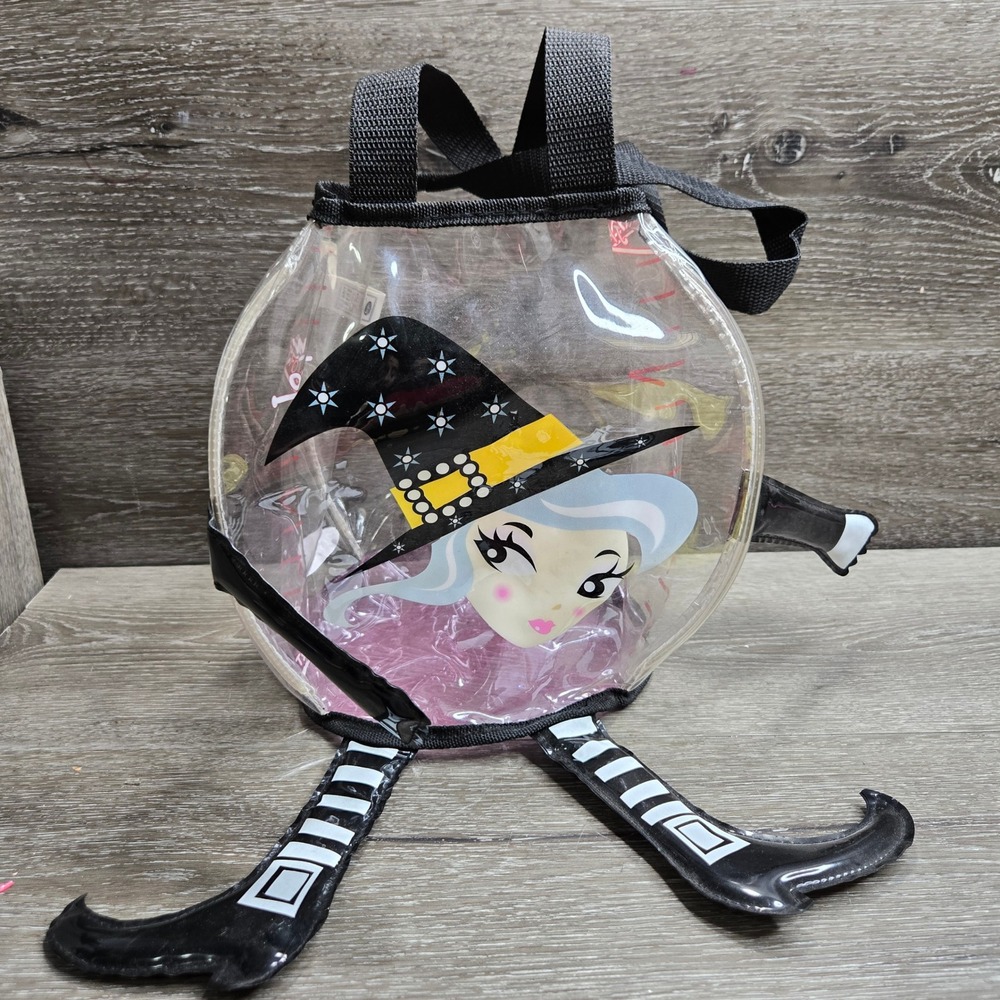 Old Navy Witch Clear Vinyl Trick or Treat Backpack Bag with Arms Black Purple